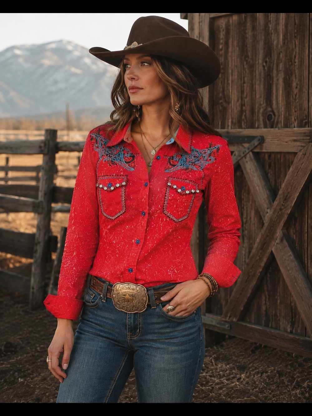 ROAR SIGNATURE EMBROIDERED WESTERN SHIRT RED RHINESTONE STRETCH COTTON XL